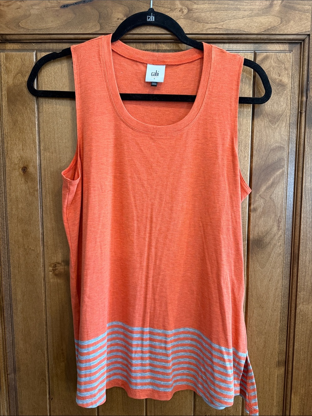 CAbi Hangout Coral Tank with Light Gray Striped Hem